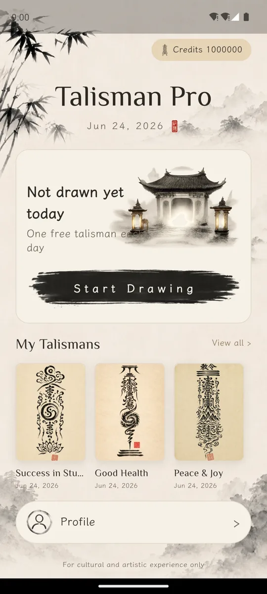 Home screen with daily talisman